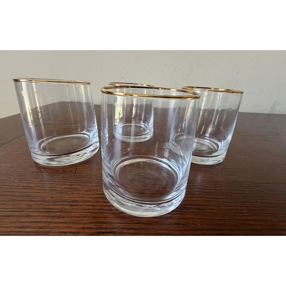 Vintage Whiskey Drinking Glasses Old Fashion w/ Gold Rim Set of 4